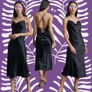 NWT Silk Maison Lounge Cowl Neck Midi 100% Mulberry Silk Slip Dress M Black